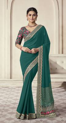 Turquoise Thread Dori Zari And Sequins Embroidered Organza Party Wear Festival Saree 1