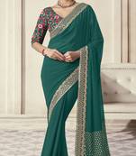 Turquoise Thread Dori Zari And Sequins Embroidered Organza Party Wear Festival Saree