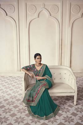 Turquoise Thread Dori Zari And Sequins Embroidered Organza Party Wear Festival Saree 2
