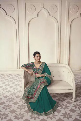 Turquoise Thread Dori Zari And Sequins Embroidered Organza Party Wear Festival Saree