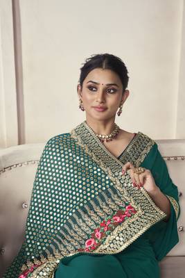 Turquoise Thread Dori Zari And Sequins Embroidered Organza Party Wear Festival Saree 3