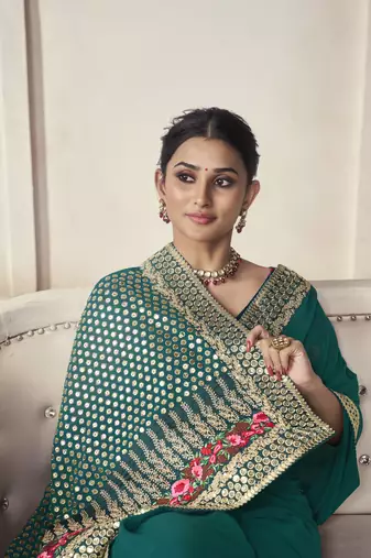 Turquoise Thread Dori Zari And Sequins Embroidered Organza Party Wear Festival Saree