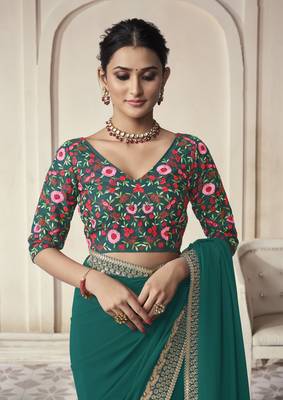 Turquoise Thread Dori Zari And Sequins Embroidered Organza Party Wear Festival Saree 4