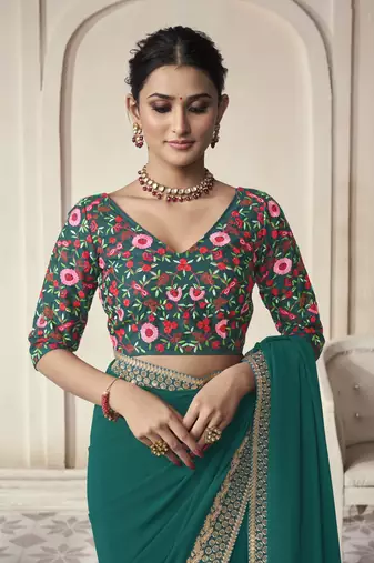 Turquoise Thread Dori Zari And Sequins Embroidered Organza Party Wear Festival Saree