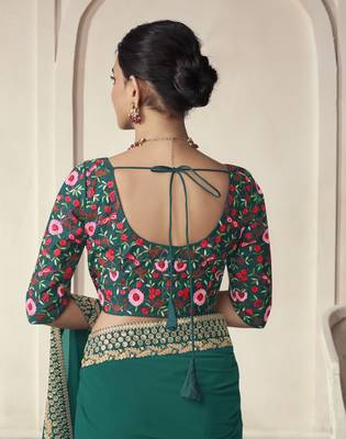 Turquoise Thread Dori Zari And Sequins Embroidered Organza Party Wear Festival Saree 5