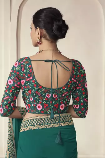 Turquoise Thread Dori Zari And Sequins Embroidered Organza Party Wear Festival Saree