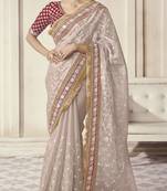 Beige Thread Zari And Sequins Embroidered Organza Party Wear Festival Saree