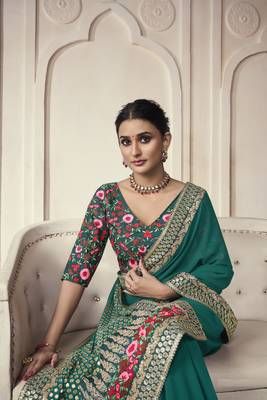 Turquoise Thread Dori Zari And Sequins Embroidered Organza Party Wear Festival Saree 6