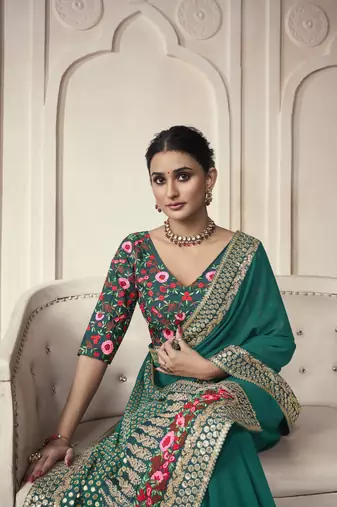 Turquoise Thread Dori Zari And Sequins Embroidered Organza Party Wear Festival Saree