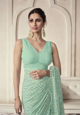 Aqua Green Thread And Sequins Embroidered Georgette Party Wear Festival Saree 6