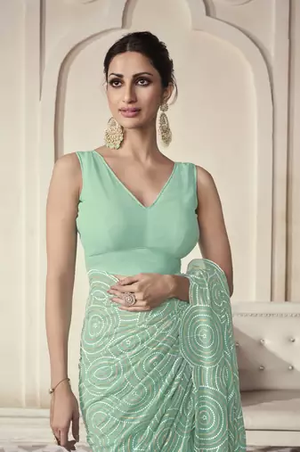 Aqua Green Thread And Sequins Embroidered Georgette Party Wear Festival Saree