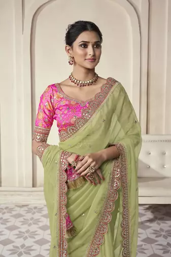Parrot Thread Dori Zari And Foil Embroidered Organza Party Wear Festival Saree
