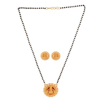 Black beads mangalsutra with Laxmi pendant and earrings set one gram gold 3