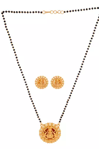 Black beads mangalsutra with Laxmi pendant and earrings set one gram gold