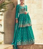 Dark sea green color pure georgette embroidered partywear dress