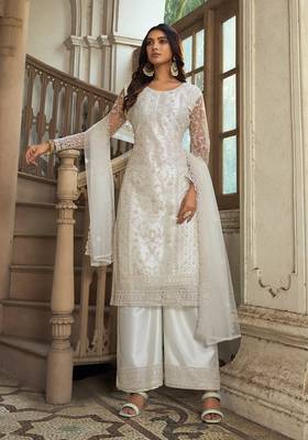 Off White Soft Net Embroidered Salwar Kameez 1