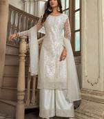 Off White Soft Net Embroidered Designer Salwar Kameez