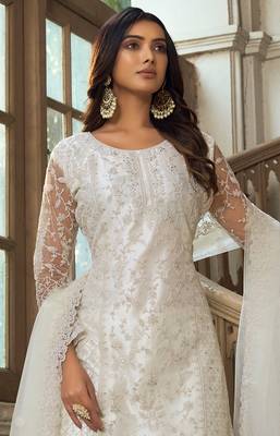 Off White Soft Net Embroidered Salwar Kameez 2