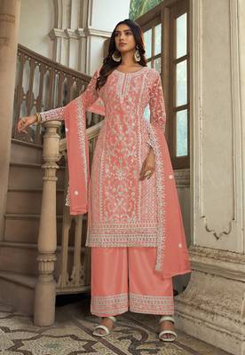 Peach Soft Net Embroidered Salwar Kameez 1