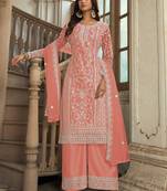 Peach Soft Net Embroidered Designer Salwar Kameez