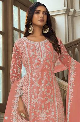 Peach Soft Net Embroidered Salwar Kameez 2