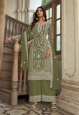 Olive Soft Net Embroidered Salwar Kameez 1