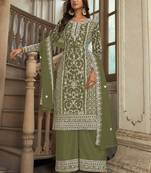 Olive Soft Net Embroidered Designer Salwar Kameez