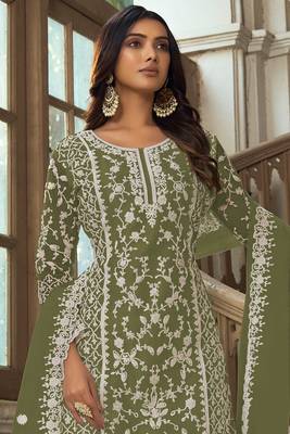 Olive Soft Net Embroidered Salwar Kameez 2