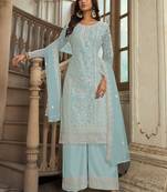 Sky Blue Soft Net Embroidered Designer Salwar Kameez