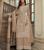 Chikoo Soft Net Embroidered Designer Salwar Kameez