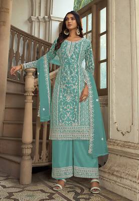 Turquoise Soft Net Embroidered Salwar Kameez 1