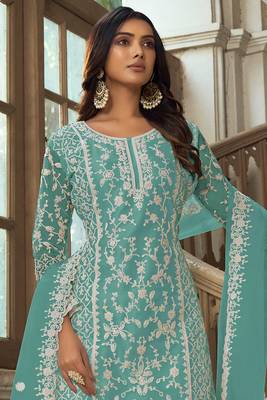 Turquoise Soft Net Embroidered Salwar Kameez 2