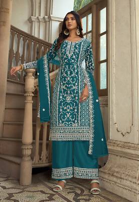 Teal Blue Soft Net Embroidered Salwar Kameez 1
