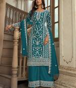 Teal Blue Soft Net Embroidered Designer Salwar Kameez