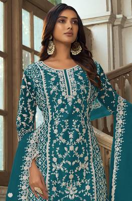 Teal Blue Soft Net Embroidered Salwar Kameez 2