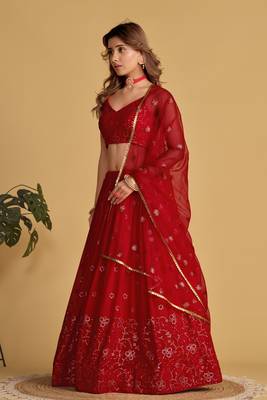 RED SEQUINS & THREAD EMBROIDERED GEORGETTE DESIGNER BRIDAL WEDDING & PARTY WEAR FESTIVAL SEMI STITCHED LEHENGA 7