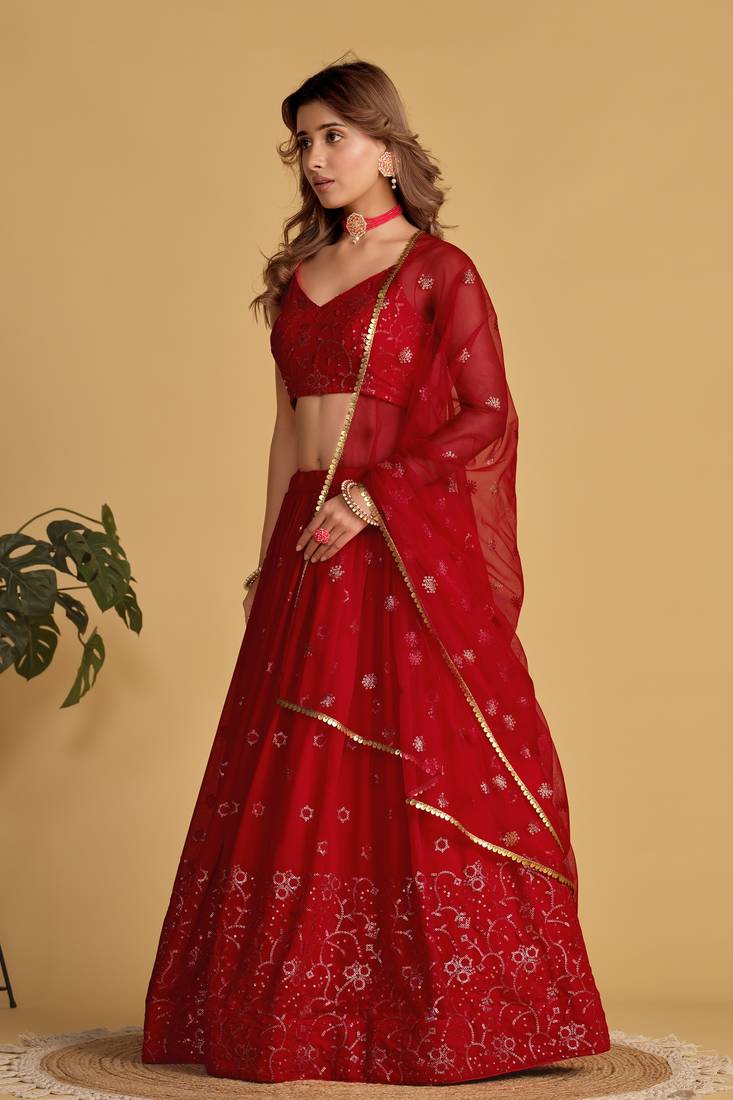 RED SEQUINS & THREAD EMBROIDERED GEORGETTE DESIGNER BRIDAL WEDDING & PARTY WEAR FESTIVAL SEMI STITCHED LEHENGA