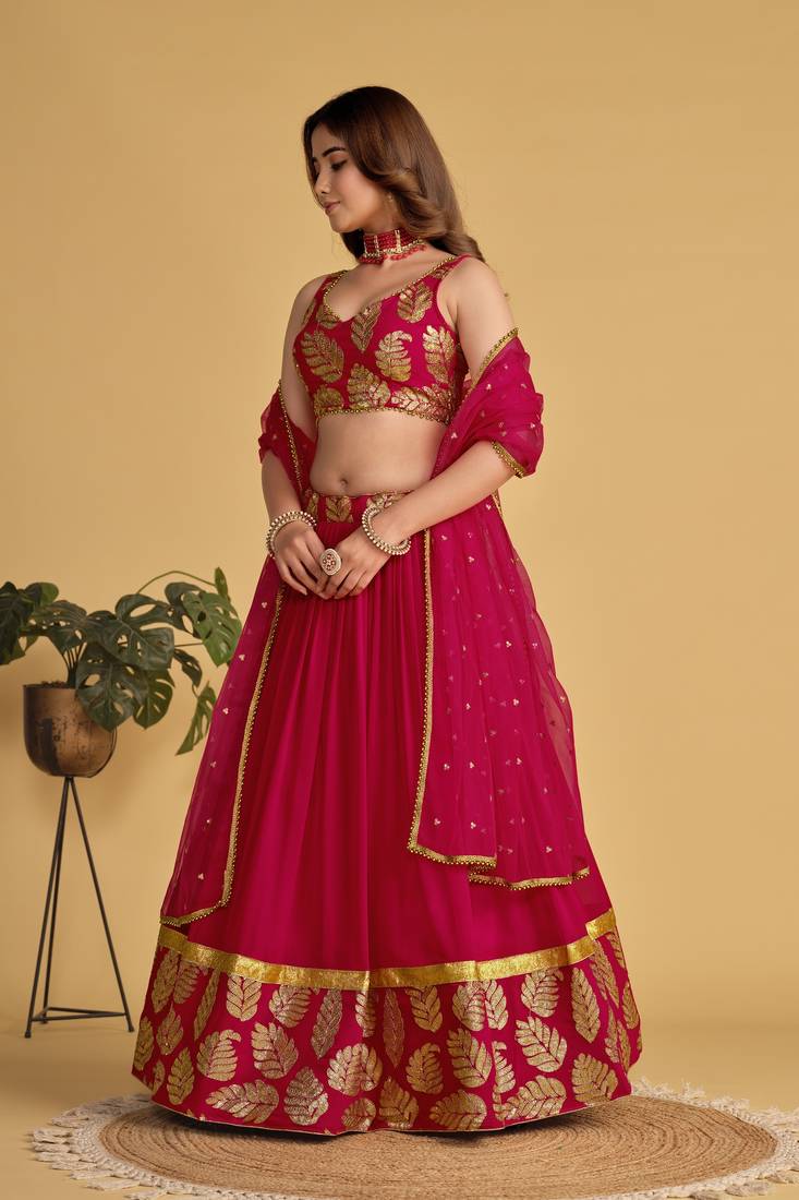 RANI PINK SEQUINS & ZARI EMBROIDERED GEORGETTE DESIGNER BRIDAL WEDDING & PARTY WEAR FESTIVAL SEMI STITCHED LEHENGA