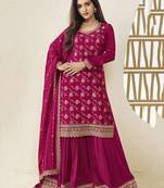 Dark magenta color chinon silk jacquard embroidered sharara dress