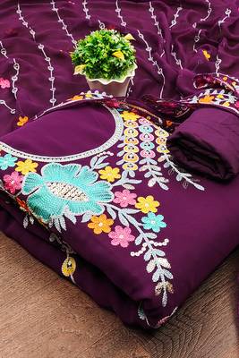 women wine georgette sequin & floral pattern multicolor thread work kurta bottom dupatta set dress material 1
