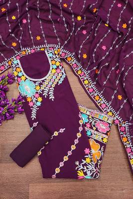 women wine georgette sequin & floral pattern multicolor thread work kurta bottom dupatta set dress material 2