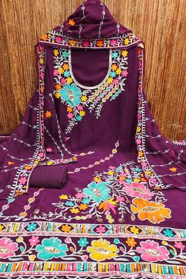women wine georgette sequin & floral pattern multicolor thread work kurta bottom dupatta set dress material 3