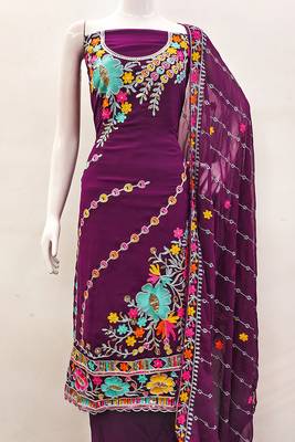 women wine georgette sequin & floral pattern multicolor thread work kurta bottom dupatta set dress material 4
