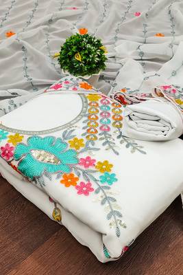 women white georgette sequin & floral pattern multicolor thread work kurta bottom dupatta set dress material 1