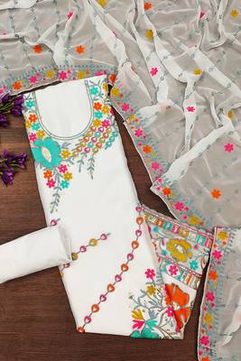 women white georgette sequin & floral pattern multicolor thread work kurta bottom dupatta set dress material 2