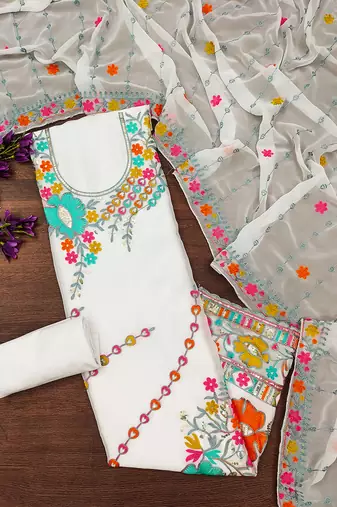 women white georgette sequin & floral pattern multicolor thread work kurta bottom dupatta set dress material