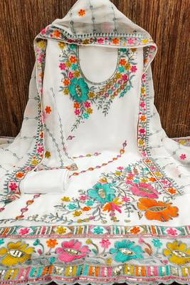 women white georgette sequin & floral pattern multicolor thread work kurta bottom dupatta set dress material 3