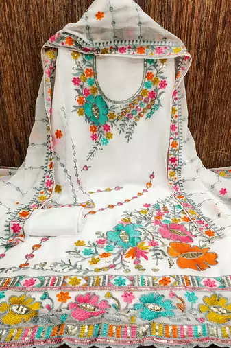 women white georgette sequin & floral pattern multicolor thread work kurta bottom dupatta set dress material