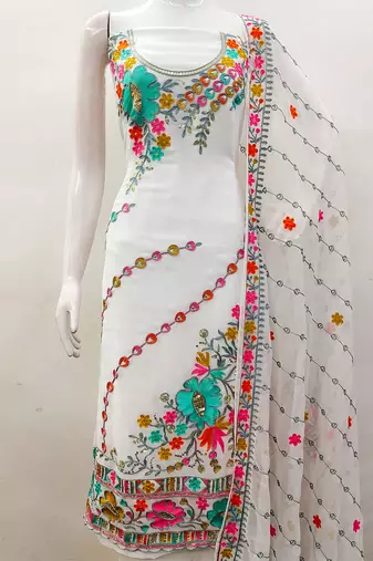 women white georgette sequin & floral pattern multicolor thread work kurta bottom dupatta set dress material