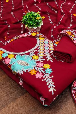 women red georgette sequin & floral pattern multicolor thread work kurta bottom dupatta set dress material 1
